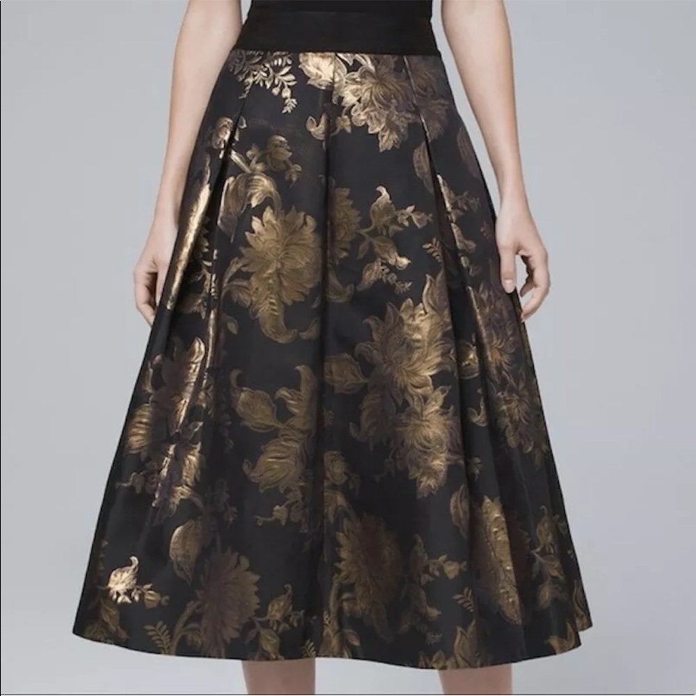 WHBM black gold foil floral midi skirt size 2 NWT